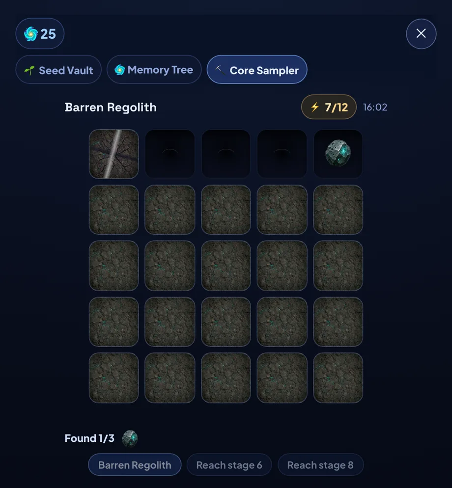The Core Sampler tab: a 5×5 grid of buried regolith cells with an Energy meter reading 7/12 beside a recharge countdown, one cracked cell and one revealed loot, a “Found 1/3” tracker, and a strata picker below