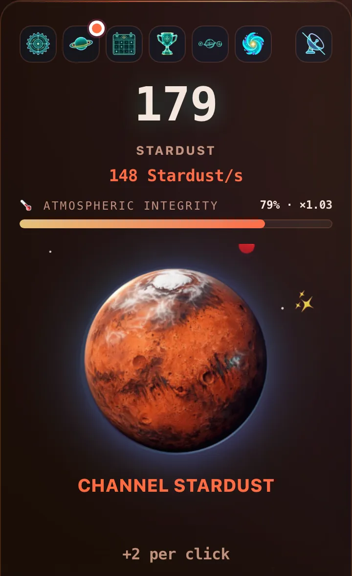 Early Mars: 574 Stardust, 132 per second, an Atmospheric Integrity meter reading 71% · ×1.00, and the rust-red planet with a white polar cap