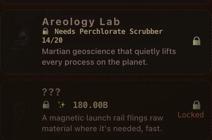 Two locked Mars rows: Areology Lab, which needs Perchlorate Scrubber 14/20, and a still-mystery ??? structure described as a magnetic launch rail