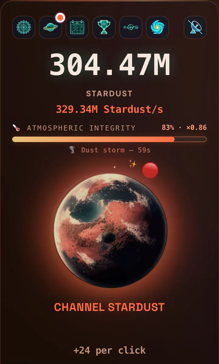 Mars mid dust-storm: 223.47M Stardust, integrity holding at 100% Β· Γ1.12, a βDust storm β 59sβ banner, and the planet part-terraformed with blue-green patches