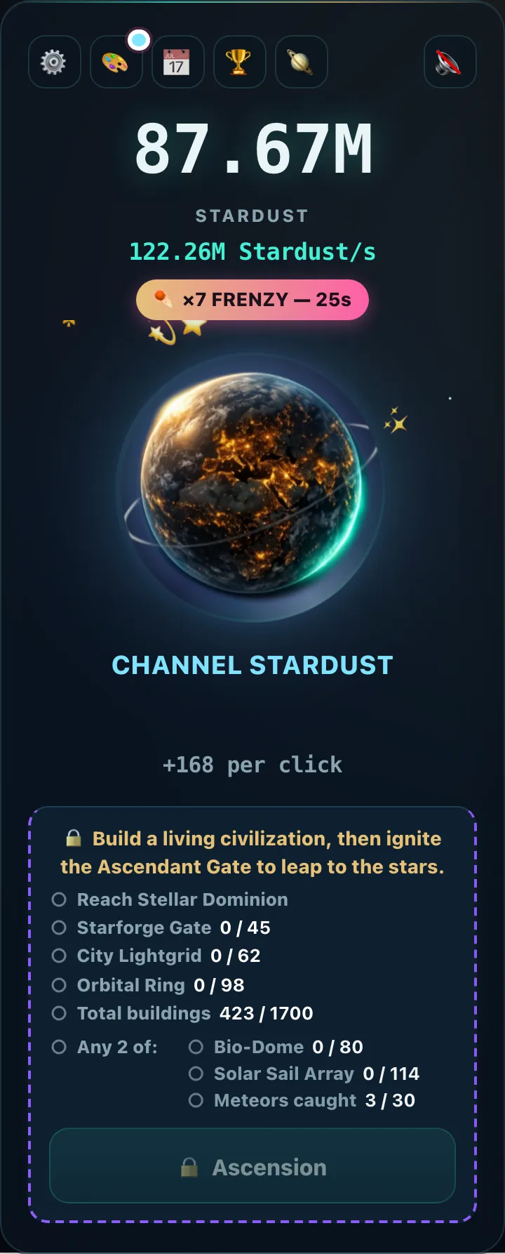 The planet column during a Supernova, with a bright Γ7 FRENZY β 25s badge above the Stardust total and a jump in Stardust per second