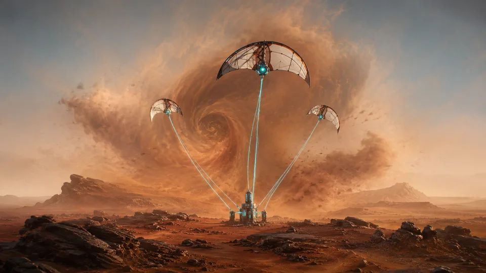 Dust Kite Turbine — PlanetIdle Mars structure, in-game scene