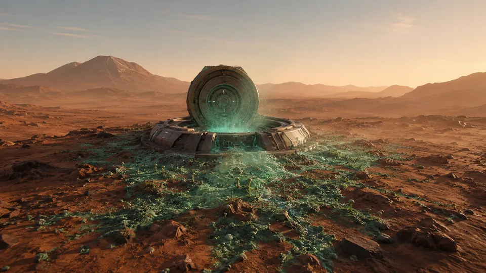 Lichen Vault — PlanetIdle Mars structure, in-game scene