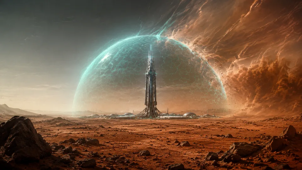 Magnetosphere Tower — PlanetIdle Mars structure, in-game scene