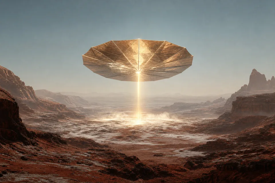 Orbital Mirror — PlanetIdle Mars structure, in-game scene